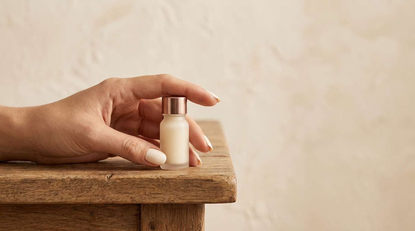Hand resting on warm-wood counter holding a small cream-glass vial with copper-tinted cap.
