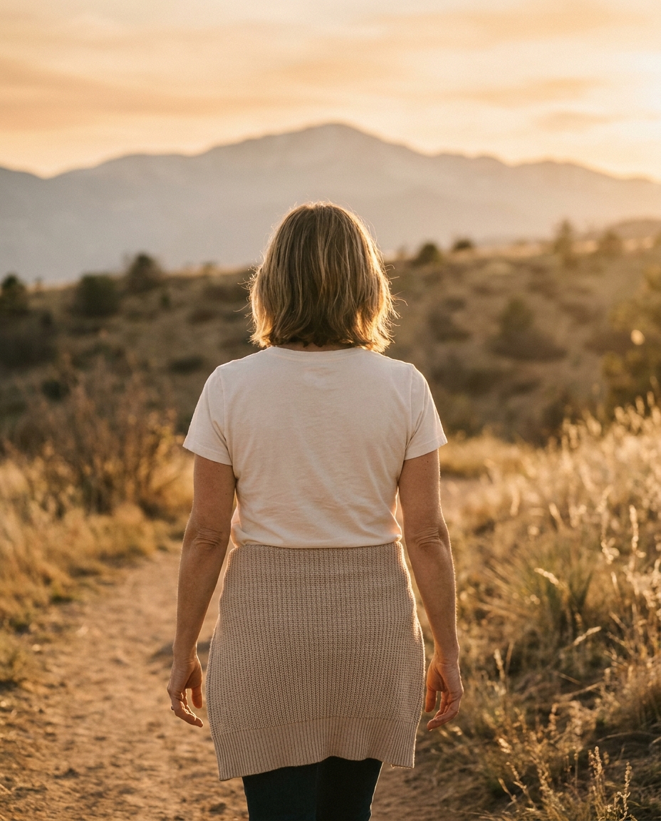 Woman late 40s walking away on a Pikes Peak foothills trail at golden hour, oat sweater tied at waist.