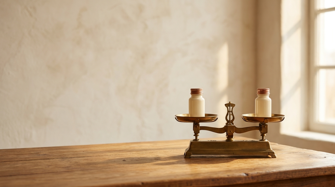 Cream-toned editorial still life suggesting peptide therapy, neutral palette with copper accent.