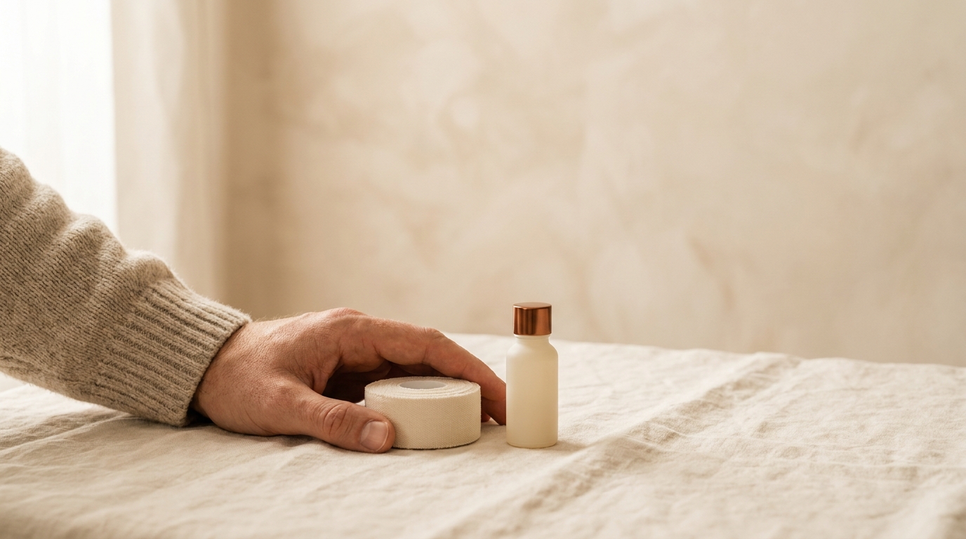Cream-toned editorial still life suggesting recovery peptide therapy, neutral palette with copper accent.