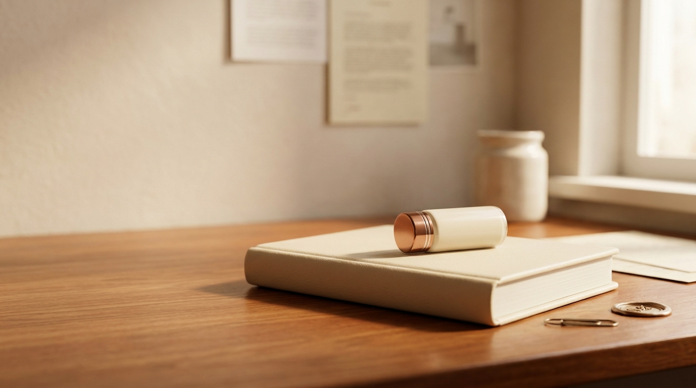 Cream-toned editorial still life on peptide regulation, neutral palette with copper accent.