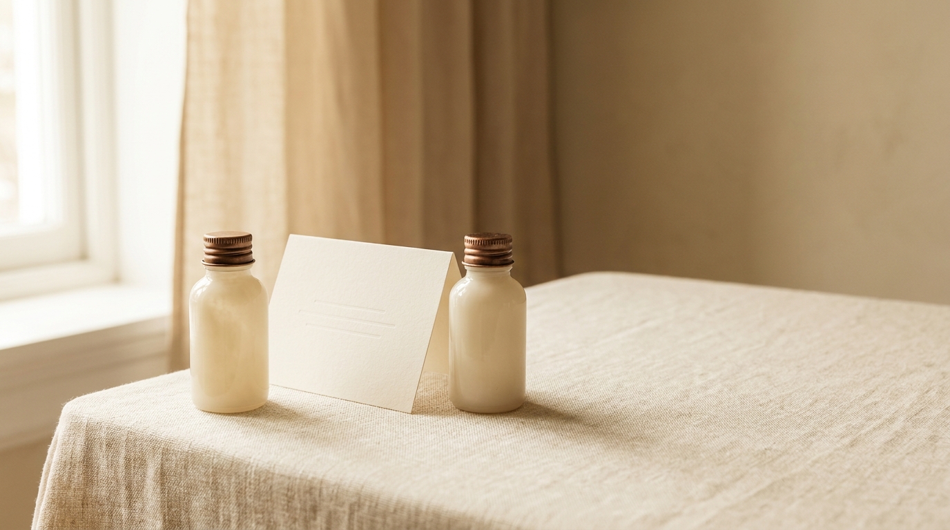 Cream-toned editorial still life suggesting hormone therapy options, neutral palette with copper accent.
