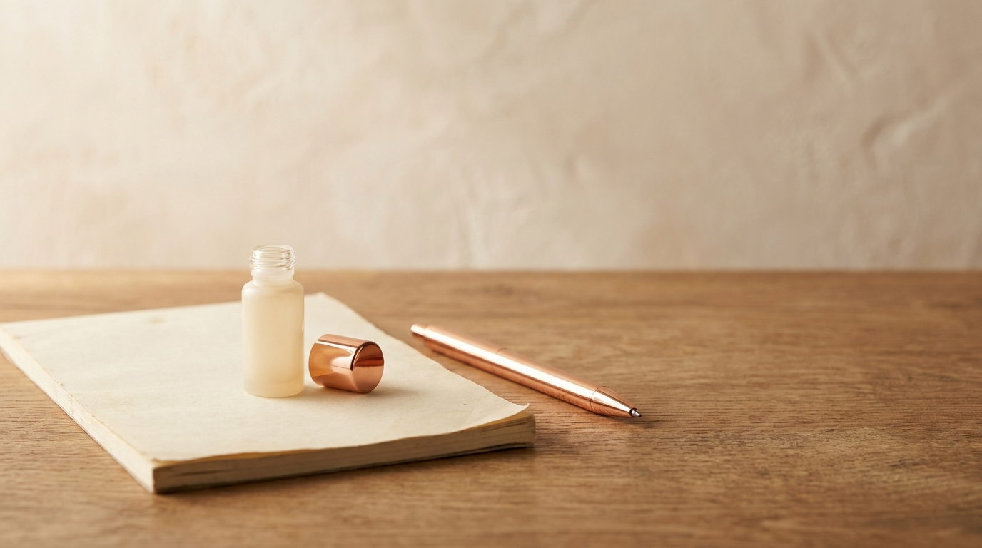 Cream-toned editorial still life suggesting peptide therapy planning, neutral palette with copper accent.