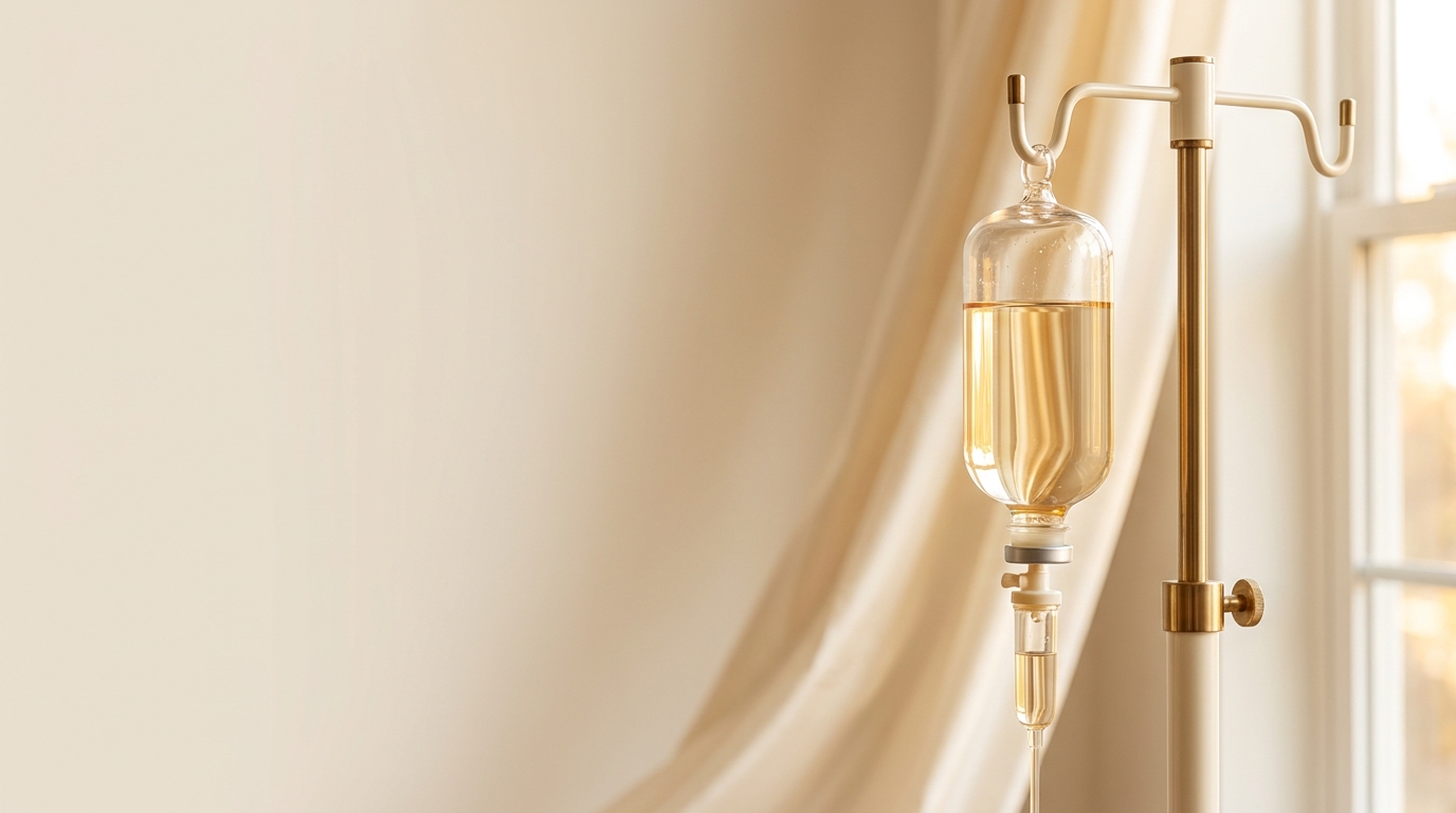 Cream-toned editorial still life suggesting cellular energy therapy, neutral palette with copper accent.