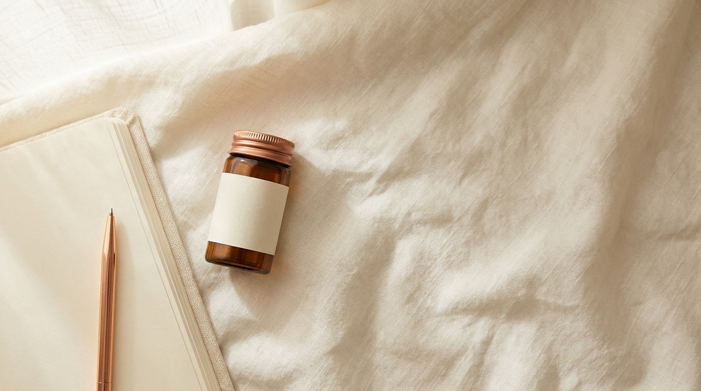 Cream-toned editorial still life suggesting peptide injection, neutral palette with copper accent.