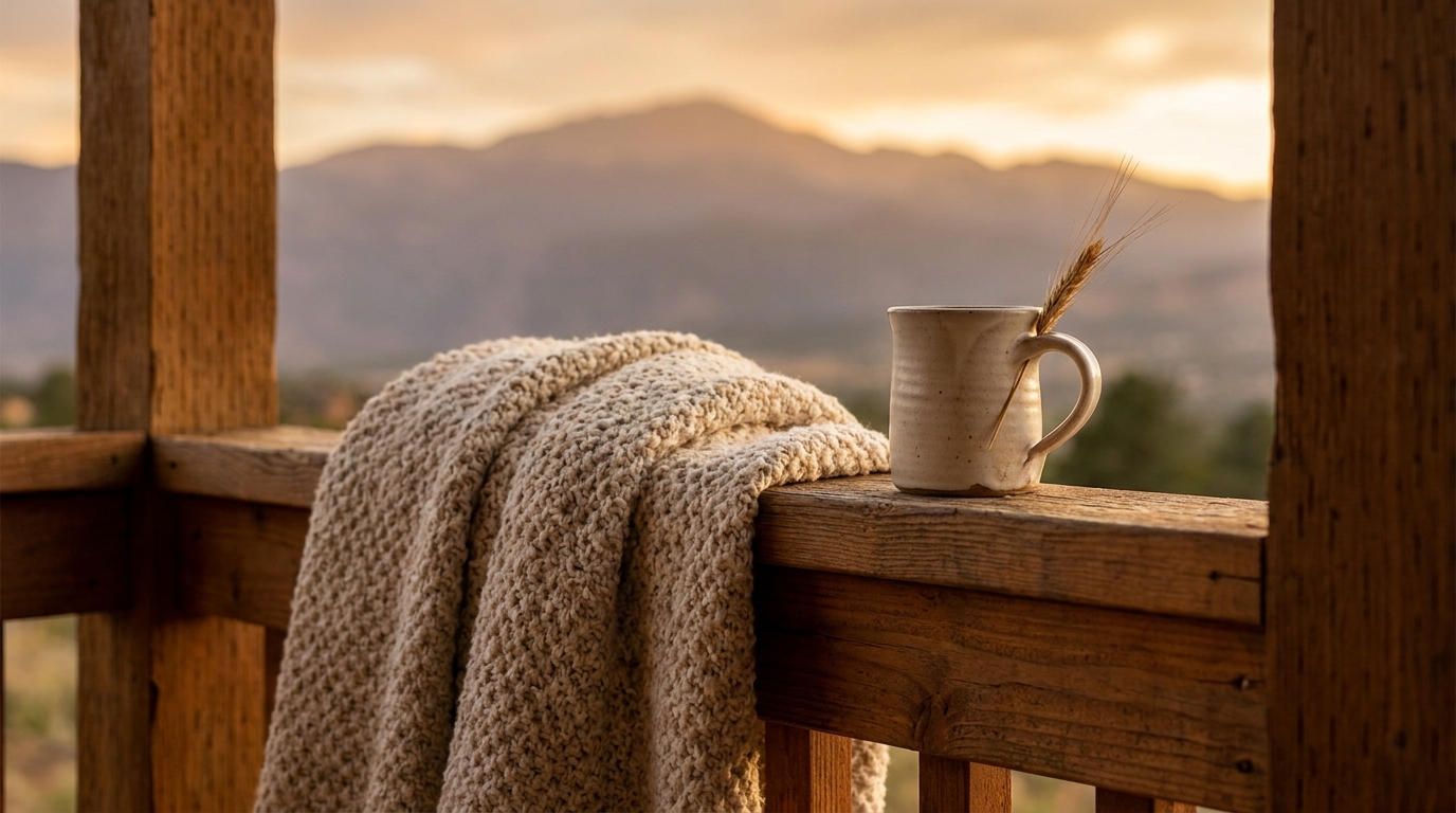 Oat-cream knit blanket on warm-wood porch railing with Pikes Peak silhouette out of focus.