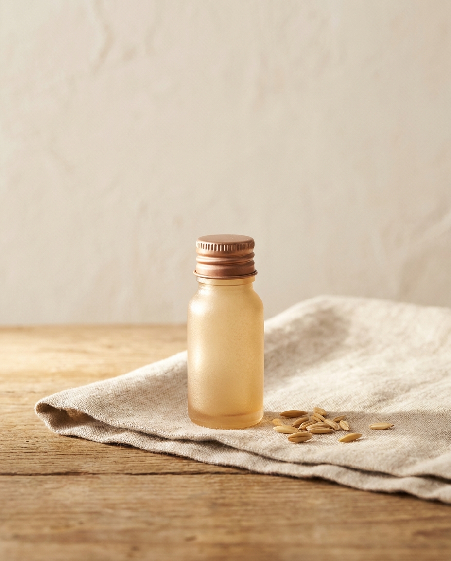Macro of a small cream-glass vial with copper-tinted cap on warm linen surface, soft window light.
