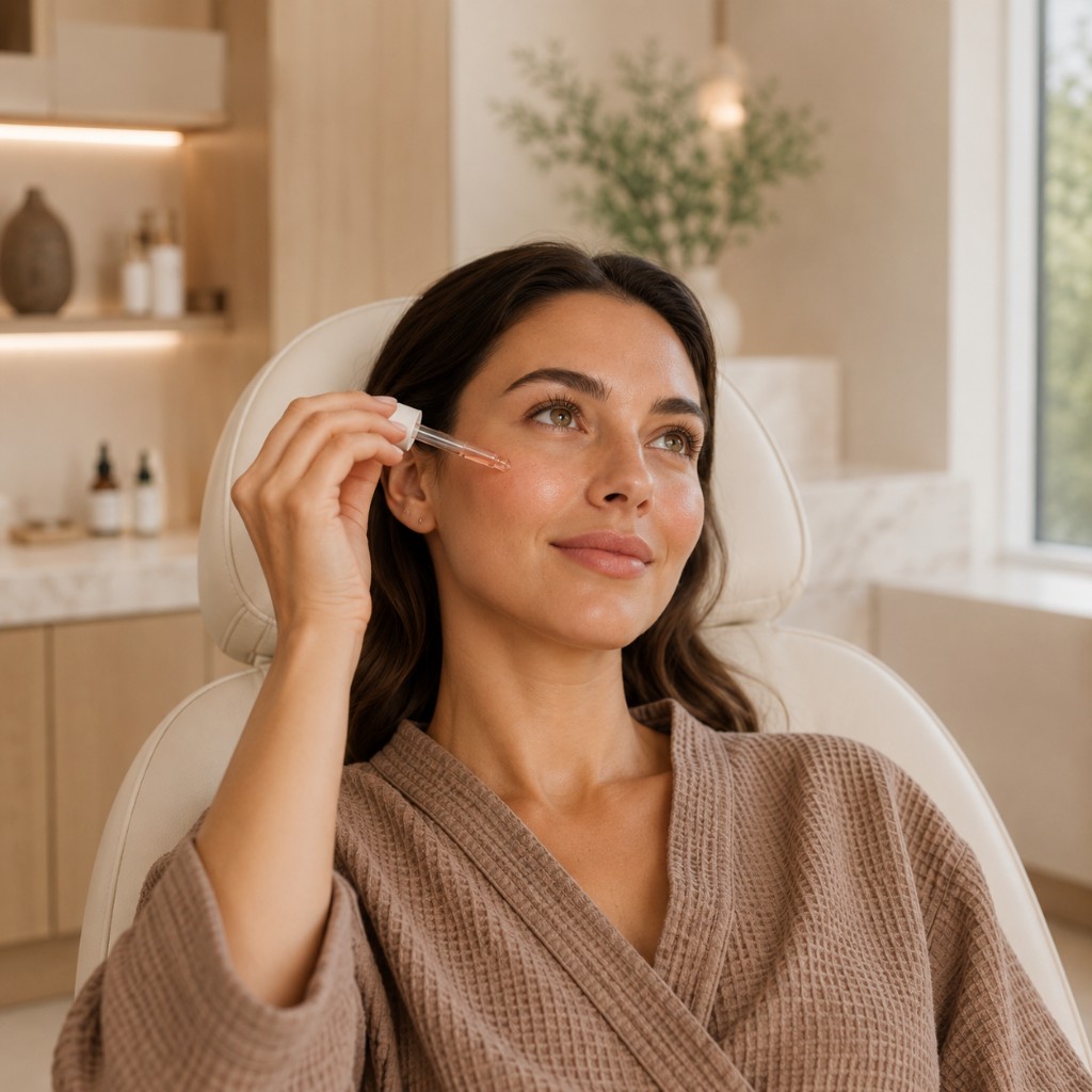 Woman applying GHK-Cu peptide serum to her face in a luxury wellness and skincare setting