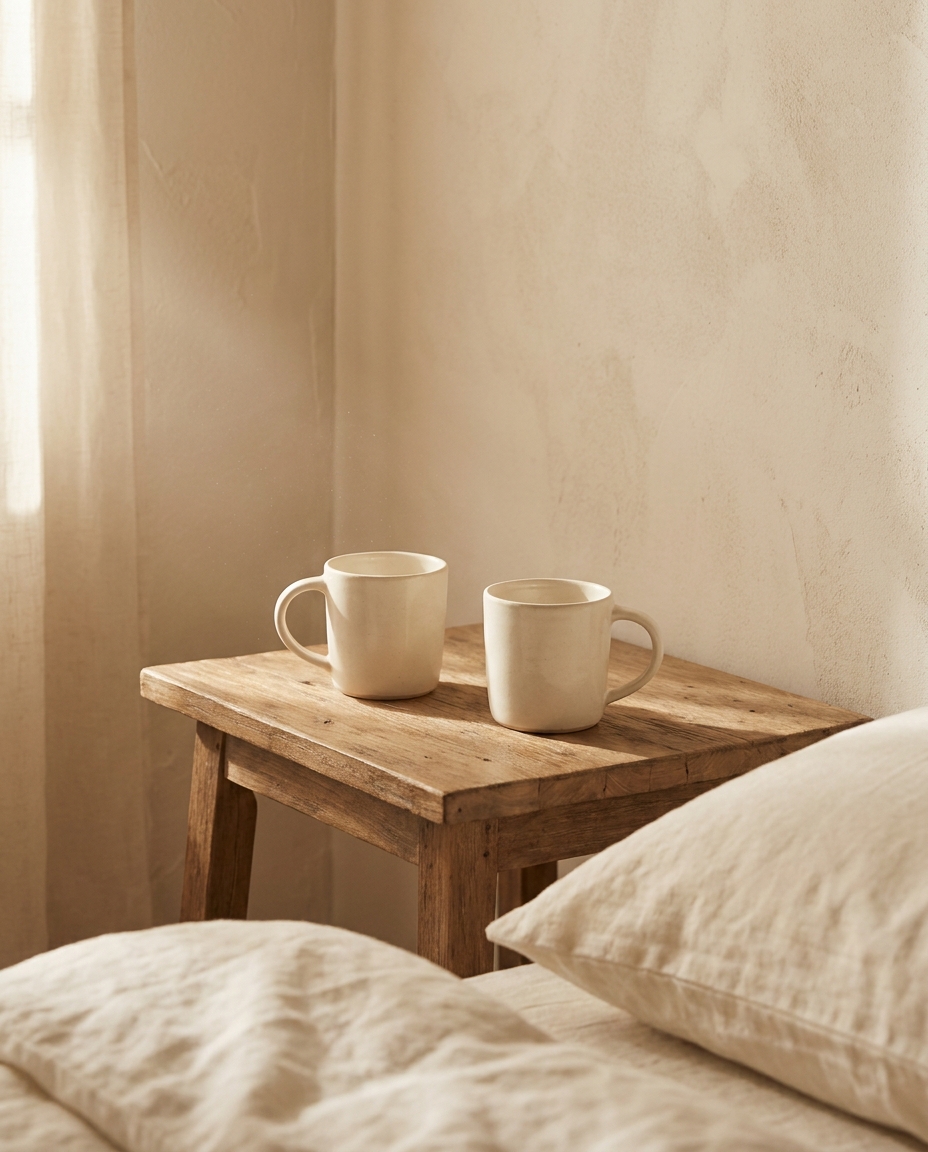 Editorial 4:5 still life: two cream stoneware mugs on a sunlit nightstand, cream linen pillowcases visible at frame bottom, calm and intimate mood.