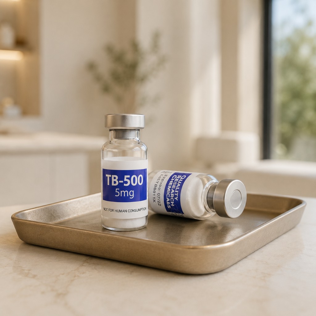 Two vials of TB-500 5mg research peptide on a gold tray in a bright, modern clinical setting.