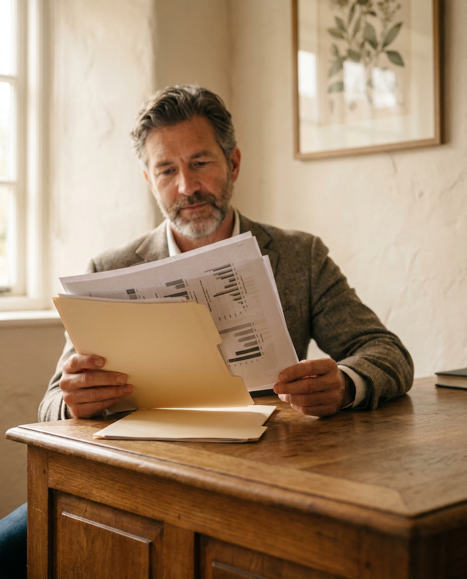 Man in his 40s seated at warm-wood consultation desk holding a cream folder with charts.